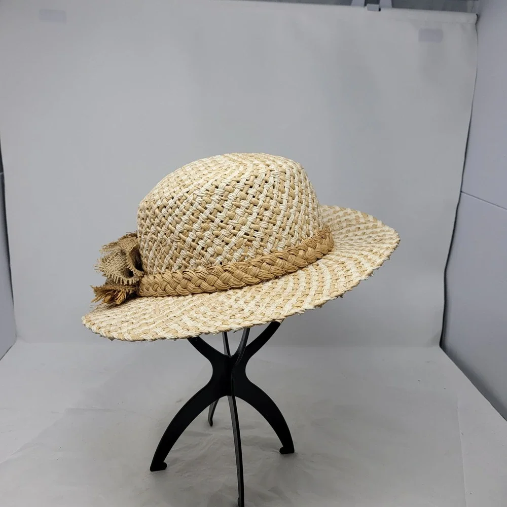 Vtg Cottage Core Straw Weaved Sun Hat Cream Beige Checked‎ Burlap Flower Braided